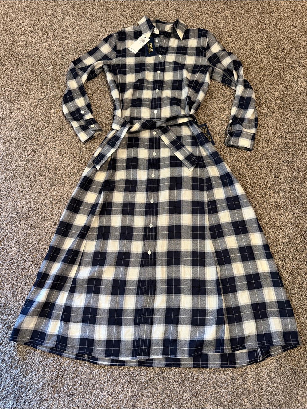 NWT Polo by Ralph Lauren Navy & White Plaid Maxi Shirt Dress with Belt Size 4